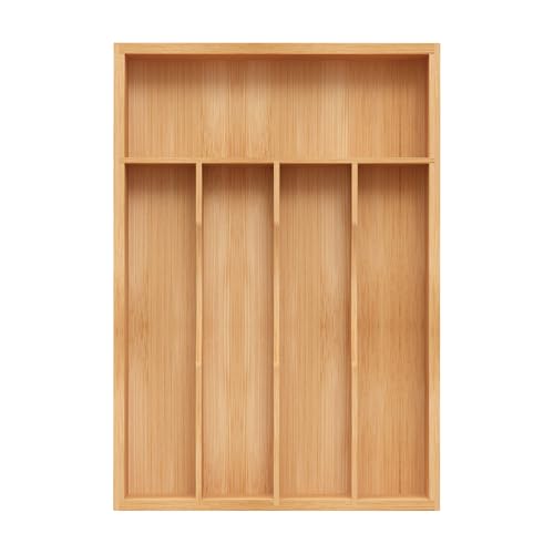BEKVEM Bamboo Silverware Organizer, Kitchen Drawer Organizer, Utensil Holder, Cutlery Tray & Spoon Flatware Storage with Grooved Drawer Dividers (9.5''W x 13.5''D)