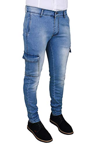 Evoga Vaqueros de hombre Cargo Azul Denim Casual Slim Fit con bolsillos laterales, #A3 Claro Denim, 40