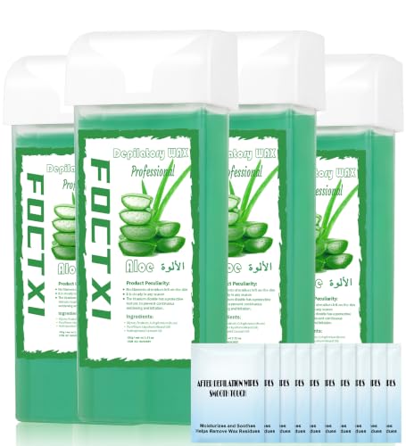 Roll on Wax Cartridge, 4 Hair Removal Aloe Vera Wax Cartridge with 10 Pack Cleaning Oil Wipes, Depilatory Wax Roller Refill for Women Sensitive Skin