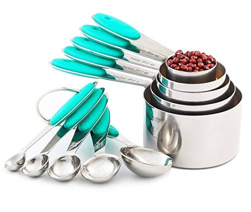 VOJACO 10 Piece Measuring Cups and Spoons Set Stainless Steel Measuring Cups and Spoons with Silicone Handle Metal Kitchen Tools and Gadgets for Cooking Baking Dry Wet Food Measurement Teal