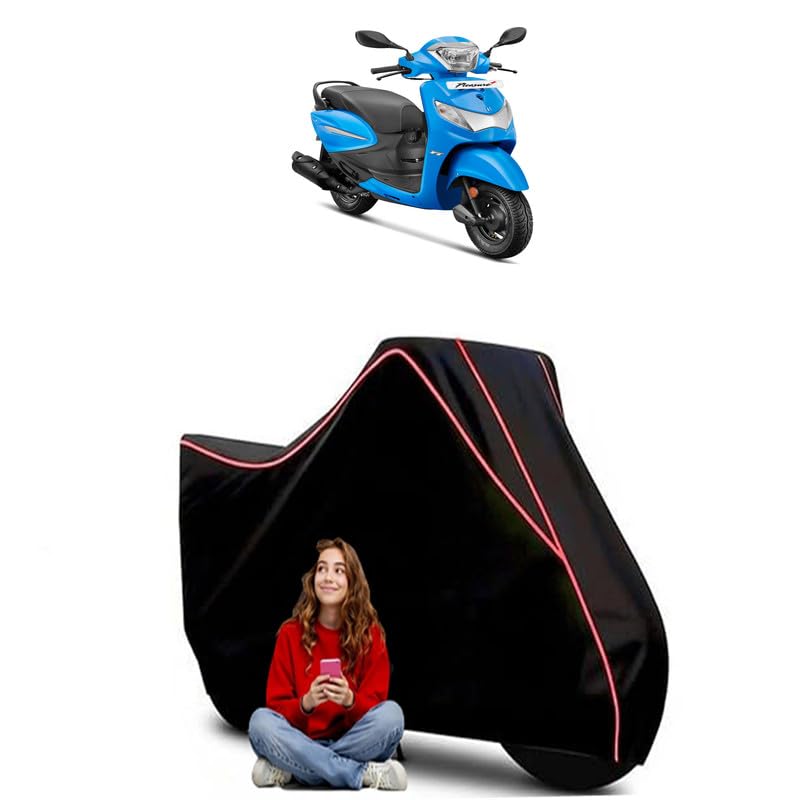 Image of Pleasure Plus 110 BS6 Scooty Bike Cover Water Resistant Outdoor Use Universal Fit Scooters Motorcycles Heavy Duty UV Protection Dust Rain Scratch Resistant Elastic Bottom Black Blue Piping