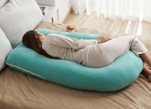 Momcozy U Shaped Pregnancy Pillows With Cotton Removable Cover, 57 Inch Full Body Pillow Maternity Support, Must Have For Pregnant Women, Tiffany Blue #TOP3