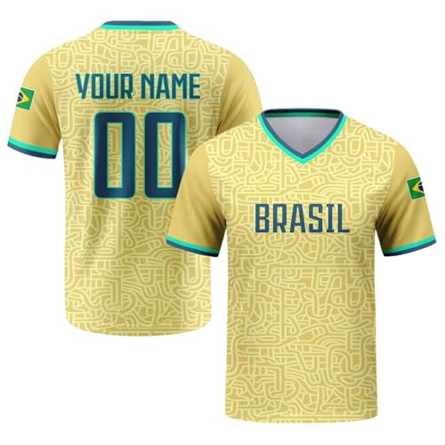 2026 Maillot de Foot Enfant Personnalisé avec Nom et Numéro T-Shirt de Football Unisexes pour Homme Garçon Adulte, Respirant, Confortable Cadeaux de Football Personnalisés, Brésil