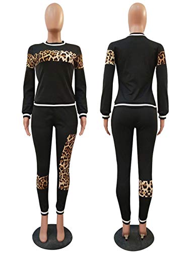 Women's 2 Piece Leopard Outfit Long Sleeve Crew Neck Pullover Top And Skinny Pants Set Black Xxl #TOP3