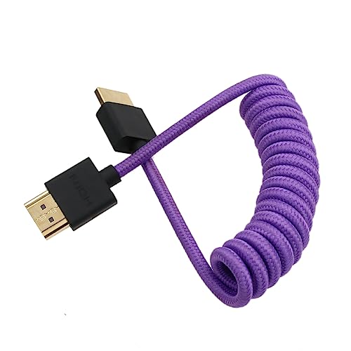 Image of 4K 8K 60p Cable Type A HDMI 2.1 to HDMI Braided Coiled for Atomos Ninja V SmallHD Blackmagic Portkeys Feelworld Monitor Fuji X-T5 Sony FX30 A7R5 Canon Nikon Z9 Camera Purple