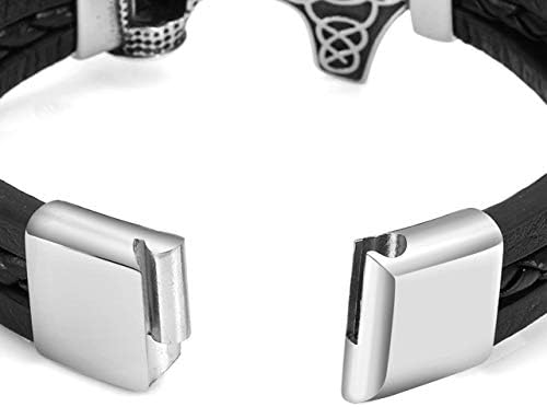 PiercingJak Mens Wolf Jewelry Viking Thor's Hammer Mjolnir Bracelet Stainless Steel Wolf Hammer Black Genuine Leather Bracelet Viking Wristband for Men