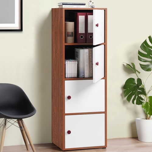 Image of ABOUT SPACE Wooden Cabinet - 4 Tier Storage Cabinet for Living Room with Magnetic Door, Space Saving Book Self for Home, Engineered Wood Kitchen Crockery Unit (Oak Red - L 38 x B 38.5 x H 133 cm)