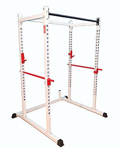 Mega 1000 Lb Rated 72” White Power Squat Rack, 1.25” Dia Professionally Knurled Front Chinning Bar, 2” Hole Centers With Bold Letters,1000 Lb. Rated J Hooks With Safety Bars Made With 1” Solid Steel R #TOP1