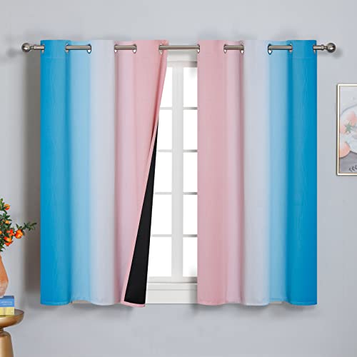 Image of Ombre Pink and Blue Blackout Curtains 45 Inches Long, Full Light Blocking Curtains for Bedroom, Wavy Line Pattern Grommet Thermal Insulated Gradient Drapes for Living Room,42x45 Inch, 2 Panels