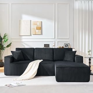 Sapgaks Canapé d'angle compact Canapé 3 Places, Canapé 2 Places + Canapé d'angle d'angle modulaire en velours côtelé rempli de mousse haute densité (noir + méridienne droite)