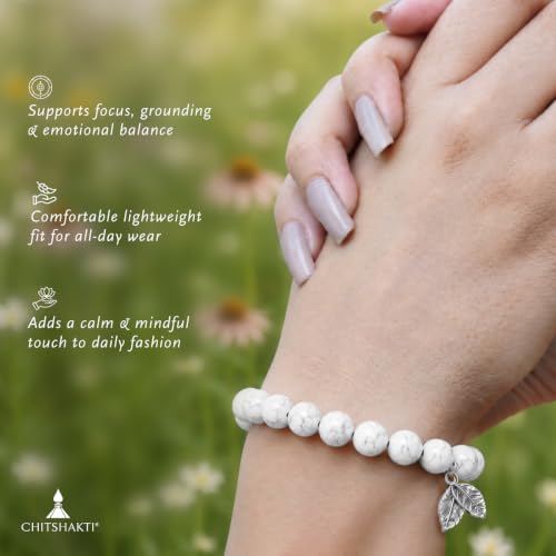 Image of Chitshakti Natural Howlite Bracelet with Charm | 8mm Semi-Precious White Stone Beads | Handmade Stretchable Unisex Crystal Jewelry |