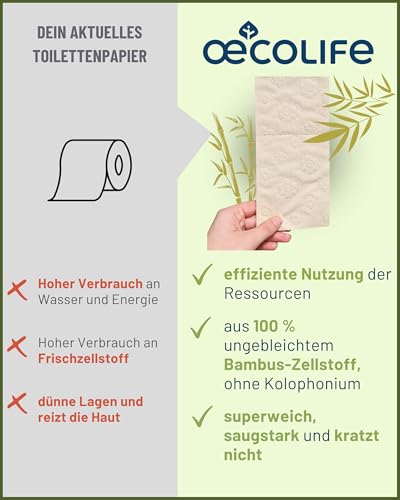 œcolife Toilettenpapier Bambus, 56 Rollen à 150 Blatt, 3-lagig, superweich, von Dermatest geprüft, nachhaltiges Klopapier, sanft zur Haut, beiges Papier