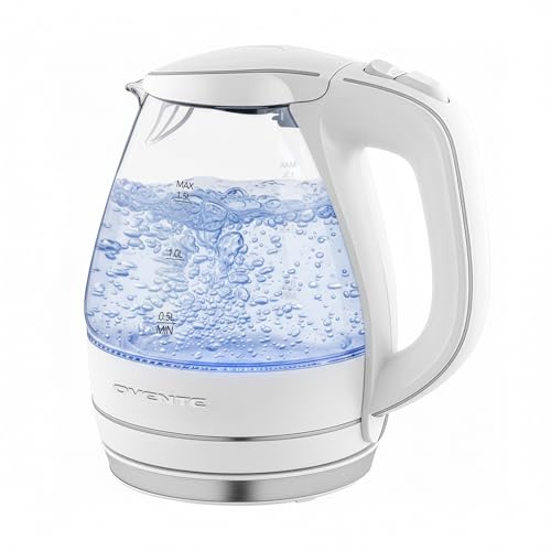 OVENTE Electric Kettle, 1.5L Borosilicate Glass Countertop Water Heater and Boiler for Coffee or Tea, BPA-Free, Auto Shut-Off, Boil-Dry Protection, Removable and Washable Spout Filter, White KG83W