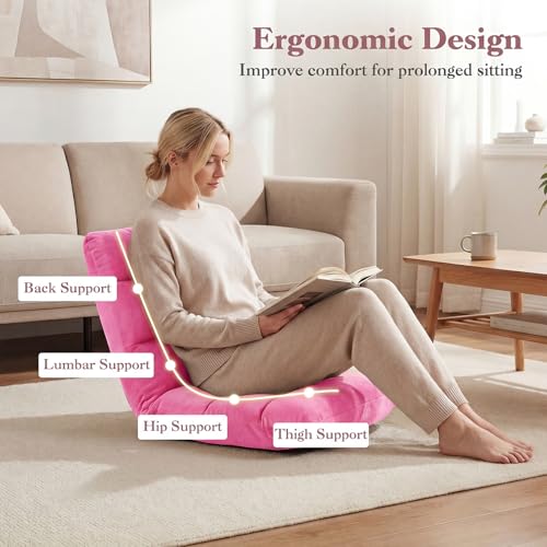 Image of Giantex Folding Floor Chair with Back Support, 14 Adjustable Position, Padded Sleeper Bed, Couch Recliner, Gaming Video Chairs for Adults, Meditation, Living Room (Light Pink)