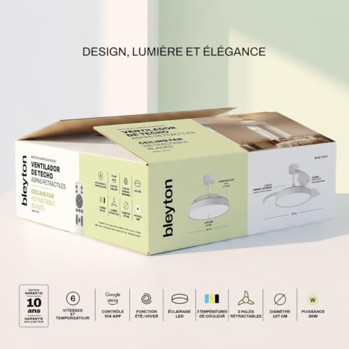 BLEYTON Ventilateur de plafond à pales rétractables moteur CC silencieux 36W 107 cm | Ventilateur NOVA avec commande par télécommande et WIFI, App et Voix | Couleur Blanc Lumière LED | 6 vitesses | – vue 9