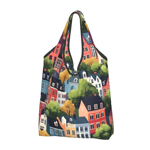 Bolsa De Compra Impresión De Cartoon Town Tote Bag Lavable Bolso Shopper Gran Capacidad Bolso Para Mujer Para Trabajo Viajes Trabajo 38X64Cm