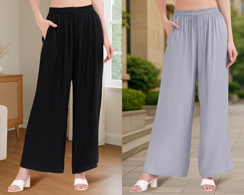 Image of Buy That Trendz Palazzo Pants for Women Cotton Rayon Elasticated Flared Wide Leg Regular Fit M to 6XL Pack of 2