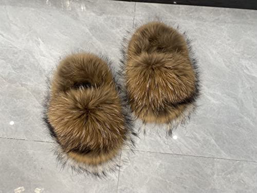 FURINFASHION RSF1 Real Raccoon Fur Slippers For Women With Fur Insole Big Fluffy Fur Outdoor Slides Furry Fuzzy Shoes Holiday Beach Show Footwear (13, natural brown)3