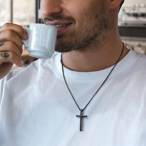 Ursteel 2 Pcs Black Silver Cross Necklace for Men - Inspirational Bible Verse Cross Chain for Men Stainless Steel Cross Pendant Necklace for Men Gifts, Box Chain 18-24 Inch3