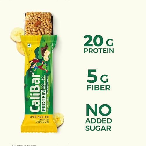 Image of CaliBar 20g Protein Bar - Banana Binge Crispy Bar (Pack of 5) No Added Sugar, GlutenFree, 5g Fiber, No Preservatives, Delicious Taste, Whey & Plant Protein, Fitness & Immunity (65g x 5 Bars)