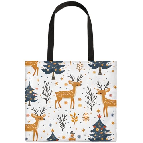 Mularoka Moose Christmas Tree Hand Painted Square Canvas Tote Bag Top Handle Purses Stylish Women Canvas Shoulder Tote Bags Reusable Handbags for Work Travel Picnic Beach Shopping Gym Hiking