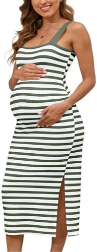 LAHILO Vestido de verão listrado para gestantes - regata sem mang...