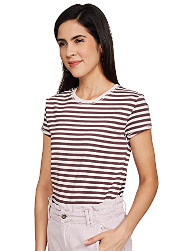 Image of Enamor Essentials Women's Short Sleeve Crew Neck Slim Fit Breathable Stretch Cotton Tee With Graphic - E147(E147-Dl Plm Mel /Drm Pnk Stripe-XL)