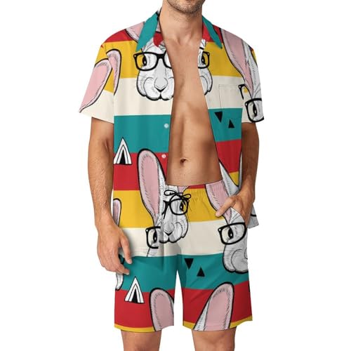 Ensemble Plage Homme Tissu Ultra Respirant Motif Lapin Lunettes Chemise Et Short Séchage Rapide S