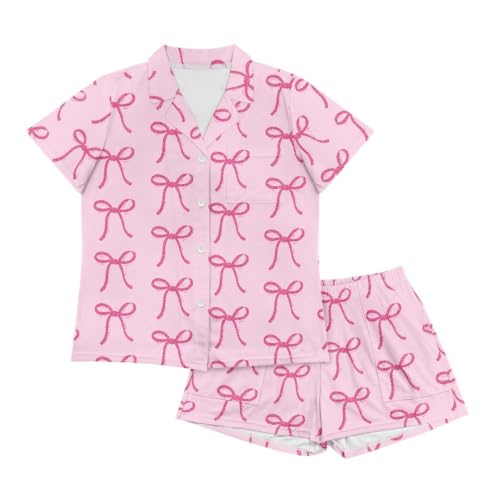 Image of Renewold Button Down Womens Pajama Set Short Sleeve Loungewear Bow Nightwear Sleepwear Night Suit Tops Shorts 2 Pieces
