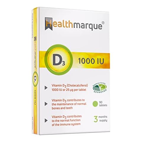 Vitamin D3 Tablets 1000iu 3 Month Supply - Premium Grade Vitamin D Supplements by Healthmarque UK; 25mcg, 90 Tablets, Bone, Muscle & Immune Support Cover