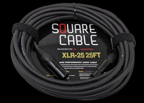 Square Cable Premium Black XLR Male to Female Balanced Microphone Cable with Gold Plated Contacts for Microphones, Mixers, Speakers, & Amplifiers - OFC Copper Shielded & Noise Free Sound Cable - 25ft