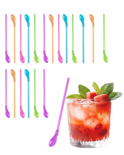 WGCHAIE 20 Pièces Pailles Cuillère Réutilisable, Pailles à Granité, Cuillère Paille Reutilisable 2 en 1, Cuillères à Paille en Plastique Coloré, pour Smoothies Laits Cocktail Frappés