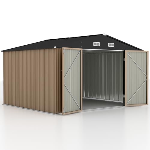 Image of GUNJI 10 x 8 FT Shed Outdoor Storage Shed Metal Garden Shed with Lockable Door Outside Waterproof Tool Shed for Backyard, Patio, Lawn (Brown)