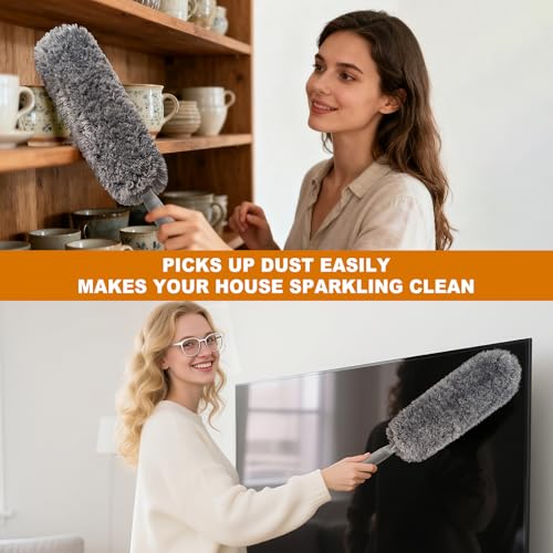 Image of Microfiber Duster with Washable and Reusable Duster Head, Microfiber Dusters for Household Cleaning, Gray