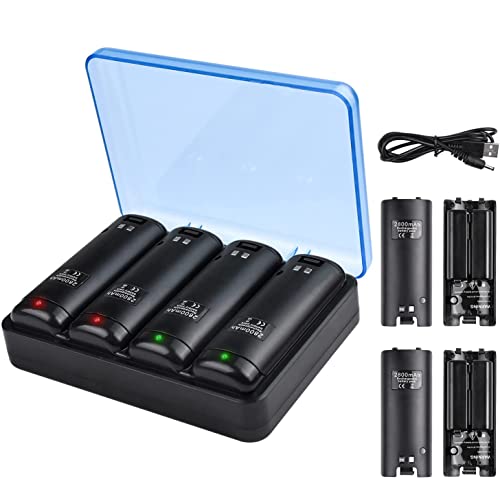 TechKen - Cargador para Mando de Wii con 4 baterías Recargables, Cargador Wiimote para Wii y Soporte de Carga de Wii con 4 Pilas de 2800 mAh para Mando a Distancia de Wii