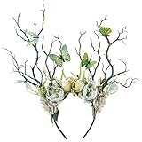 MOSTORY Green Flower Branch Headband - Handmade Tree Hairband with Butterfly Woodland Headband Floral Forest Crown for Women Renassance Renfaire Woodland Costume Cosplay Photoshoot