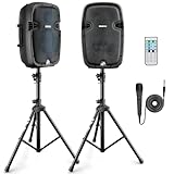Wireless Portable PA Speaker system - 1000W High Powered Bluetooth Compatible Active + Passive Pair Outdoor Sound Speakers w/ USB SD MP3 AUX - 35mm Mount, 2 Stand, Microphone, Remote - Pyle PPHP1049KT
