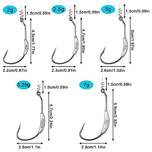 Weighted Fishing Hooks,Weedless Swimbait Hooks with Twistlock Centering Pin,Soft Plastics Worm Fishing Hooks for Saltwater Freshwater Bass Trout (20pcs,2g)