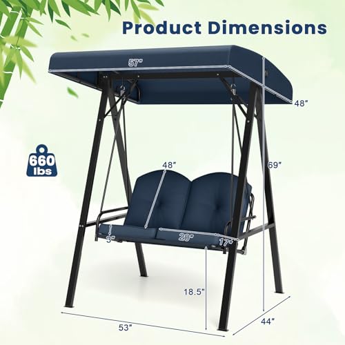 Image of Tangkula 2 Person Porch Swing, Patio Swing with Adjustable Canopy, Heavy-Duty Metal Frame & Soft Cushion, Outdoor Swing for Backyard, Garden (Navy)