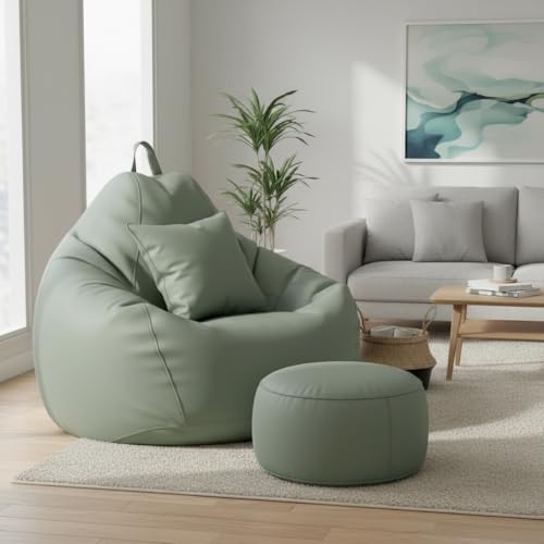 Image of KAM'S LIEU 5XL Classic Bean Bag Chair with Footrest & Cushion | Pre-Filled EPS Beans | Premium Leatherette | Side Pocket & Carry Handle | 6 Months Warranty (SAGE Green)