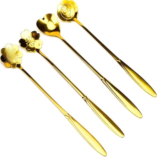 Image of Gold Tone Dessert Spoon Set with Decorative Flower and Heart Shaped Spoon Heads (Pack of 4)
