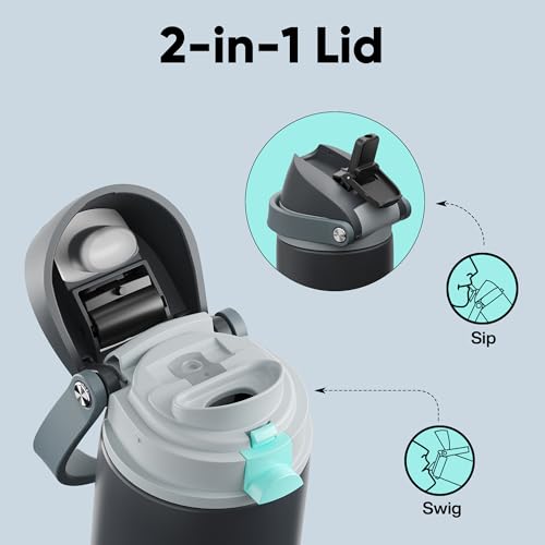 Image of Insulated Water Bottle with Straw - Encool Stainless Steel Water Bottle with Push Button Lid, Leak-Proof & BPA-Free, Keeps Cold for 24 Hours for Sports, Travel, Gym (18 oz, Tuna Grey-Green)