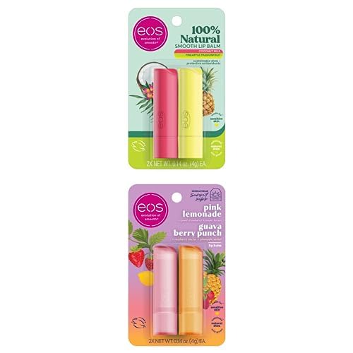 Paquete de 2 bálsamos labiales eos con leche de coco y piña, fruta de la pasión + limonada rosa y ponche de bayas de guayaba