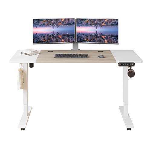 Heonam Electric Standing Desk,55 X 24 Inches Height Adjustable Stand Up Table, Ergonomic Sit Stand Desk Workstation With Splice Board, Double-Beam,White Frame/White And Oak Top #TOP1
