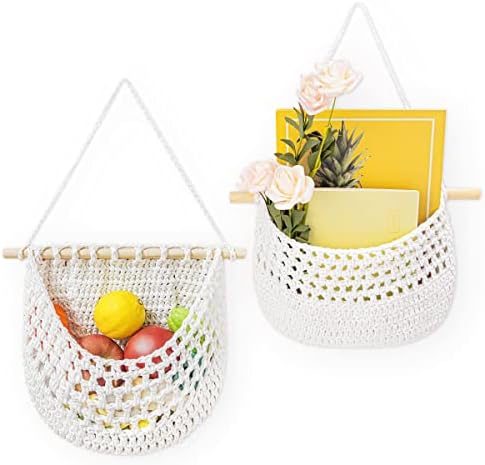 Luxanna Hanging Fruit Basket Macrame Over the Door Organizer, Cotton Cord Handmade Woven Wall Baskets for Organizing, BOHO Decor, Storage RV Kitchen Livingroom (white-2Pcs)