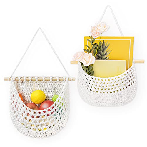 Luxanna Hanging Fruit Basket Macrame Over The Door Organizer, Cotton Cord Handmade Woven Wall Baskets For Organizing, Boho Decor, Storage Rv Kitchen Livingroom (White-2Pcs) #TOP28