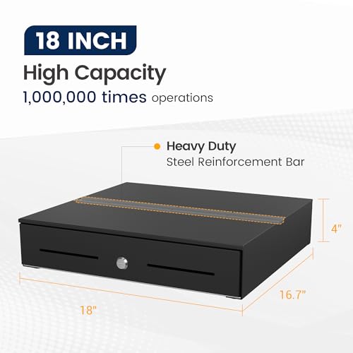 Beelta 18" Cash Rigister Drawer High Capacity- Removable 5Bill/5Coin Insert Tray, Auto Electronic Open, RJ11/12 Cable, 24V, Key Lock, Double Media Slots Cash Box - Thumbnail 2