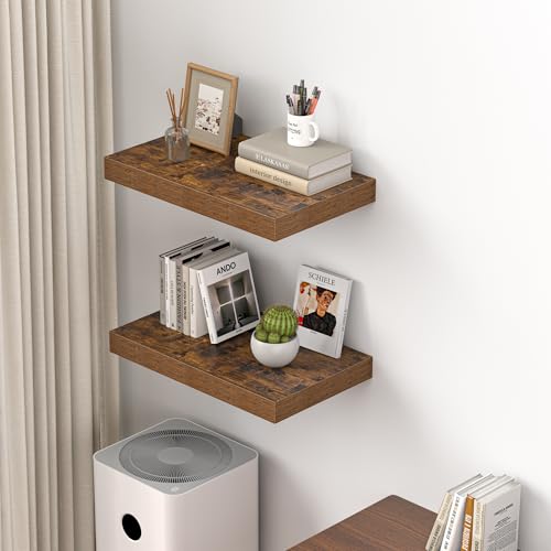 Image of Dreamland 20 inch Floating Shelves for Wall, 12 inch Deep Thicker Floating Shelves, Wall-Mounted Shelves for Bedroom, Living Room, Kitchen, Bathroom,Rustic Brown - Set of 2