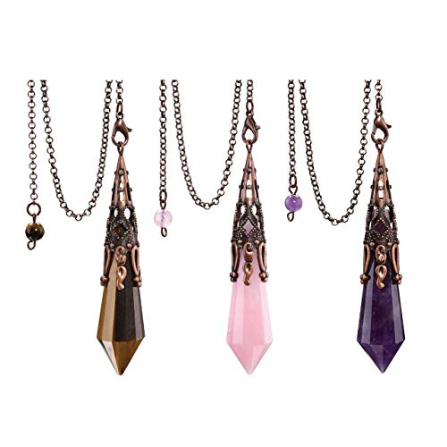 JSDDE Schmuck 3er Natur Edelstein Pendel Heilsteine Vintage Blume wire wrap Pendulum Pendel Anhänger mit Kette für Reiki Heilung Dowsing Scrying Balance Armband (Amethyst+Rosenquarz+Tigerauge)