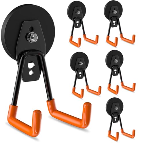 ENUODA Strong Magnetic Hooks Heavy Duty - Neodymium Magnetic Wreath Hanger, Garage Hooks for Garden Tools, Power Tools, Broom, Mops, Tool Chest, Barn, Van, Container, 6 Pack
